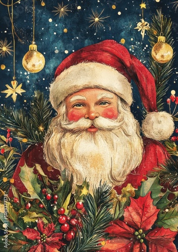 Vintage Santa Claus Surrounded by Christmas Decorations and Plants