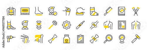 Set of Orthopedics vector stroke icons. such as Pillow, Shin, Joint, Bandage, Scoliosis, Orthotics, Broken Bone, Broken Arm, Posture, Neck, Knee, Cast, Examination, Settings, Fracture illustration.