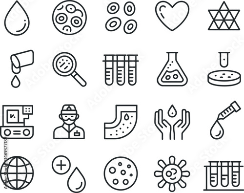 Healthcare and science blood-related line icons set