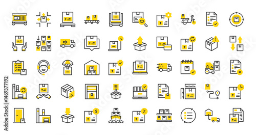 Set of Order fulfillment vector stroke icons. such as Approved, Fast Delivery, Warehouse, Paper, Process, Inspection, Call Center, Unpack, Consultation, Rejected , Route, Form, Pallet illustration.