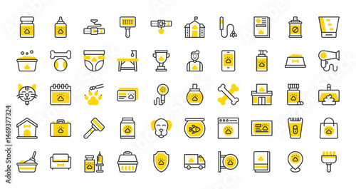 Set of Pet grooming vector stroke icons. such as Bathtub, Medicine, Pet Brush, Diaper, Litter Box, Perfume, Animals, Pet Brush, Trimming, Bones, Pet Carrier, Pet Bed, Cat illustration.