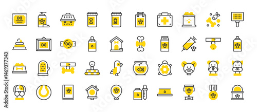 Set of Pets vector stroke icons. such as Pet Food, Dog Collar, Milk Carton, Trophy, Cat Food, Injection, Dog Ball, Book, Bird House, Pawprint, Dropper, Pet Bowl, Badge, Diploma, Shampoo illustration.