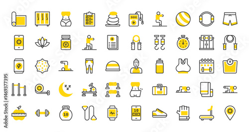 Set of Pilates vector stroke icons. such as Sneakers, Body, Pilates Ball, Timer, Sleep, Treadmill, Energy Drink, Kettlebell, Clipboard, Health Check, Mat, Locker Room, Hot Stones, Music illustration.