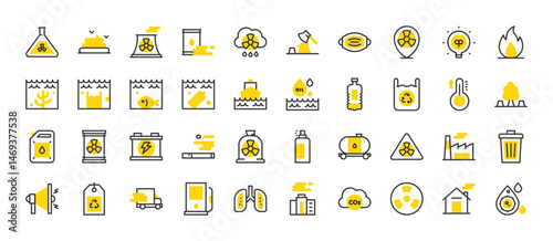 Set of Pollution vector stroke icons. such as Fire, Lungs, Thermometer, Co2, Poo, Battery, Noise, Tank, Radiation, Factory, Trash, Tag, Truck, Gas Station, Pollution, Radiation, House illustration.