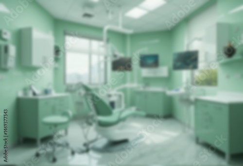 Blurred dental clinic background. Defocused interior of modern dental office. Blurred dental clinic background in green