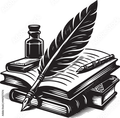 Book and quill pen for writing, vector illustration Stock Vector , black color silhouette 