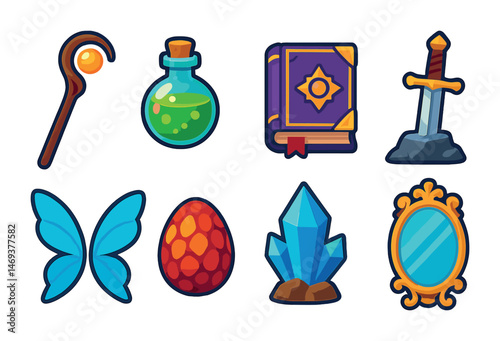 Fantasy and rpg icons set – pixel art, game assets, adventure symbols for gaming