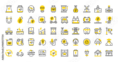 Set of Renawable energy vector stroke icons. such as Save Energy, Carbon Neutral, CO2, Upcycle, Water Drop, Energy Consumption, Natural Resources, Policy, Organic, Carbon Dioxide illustration.
