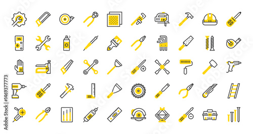 Set of Repair tools vector stroke icons. such as Repair, Paint Brush, Screws, Ladder, Wire Cutter, Screwdrivers, Drill, Level, Wheel Saw, Car Jack, Screwdriver, Toolbox, Nails, Handsaw illustration.