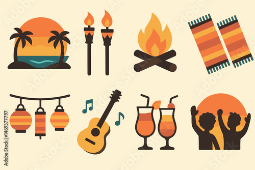 Island getaway flat icons set – vacation, travel, tropical holiday symbols