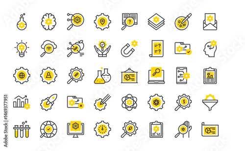 Set of Research And Development vector stroke icons. such as Atom, User, Idea, Brain, Global Research, Bar Chart, Time Management, Startup, Questions, Data, Test Tubes, Document illustration.
