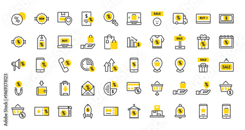 Set of Sales vector stroke icons. such as Ticket, Pie Chart, Shopping Basket, Location, Arrows Up, Delivery Box, Envelope, Smartphone, Gift Box, Shopping Bag, Discount Voucher, Wallet illustration. 