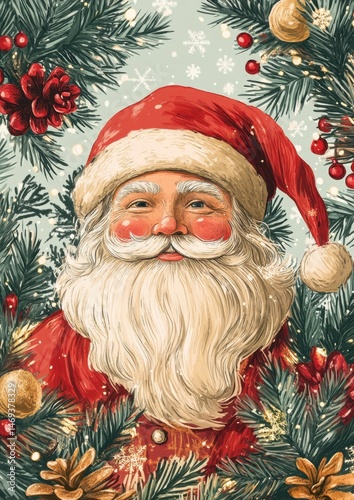 Vintage Santa Claus Portrait Surrounded by Festive Decorations