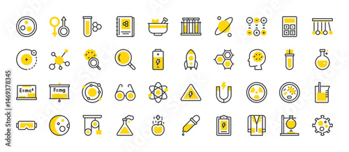Set of Science vector stroke icons. such as Magnifying Glass, Molecule, Proton, Virus, Cells, Calculator, Science Book, Momentum, Male And Female, Magnet, Dropper, Flask, Atom, Planet illustration.
