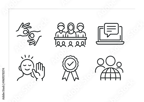 Sign language outline icons set – communication, accessibility, asl symbols