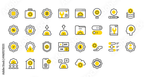 Set of Setup and settings vector stroke icons. such as Settings, Setup, Folder, Cloud Settings, Tool Box, Download, On Off illustration.