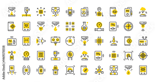 Set of Sensors vector stroke icons. such as Ultrasonic Sensor, Water Level, Ldr Sensor, Gps, Light Sensor, Accelerometer Sensor, Bluetooth, Proximity, Sound, Chip, Magnetic Sensor, Gas illustration.