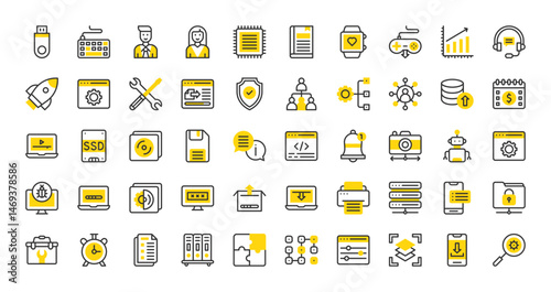 Set of Setup and install vector stroke icons. such as App Installation, Puzzle, Disk, Smart Watch, Rocket, Customer Support, Businessman, Data, Coding, Network, Search, Password illustration.