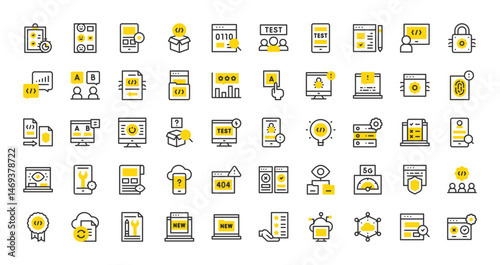 Set of Software testing vector stroke icons. such as Edge Computing, Box, New Features, Bug, Choice, Testing, Lightbulb, Cloud Computing, Test, File, Rating, Teamwork, Safe, Browser illustration.