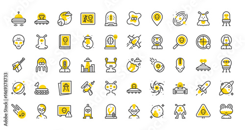 Set of Space alien vector stroke icons. such as Alien, Brain, Comet, Invasion, Space, Rocket Launch, Warning Sign, Plant, Warning Sign, Ufo, Spaceship, Dna, Crystal, Placeholder, Galaxy illustration.