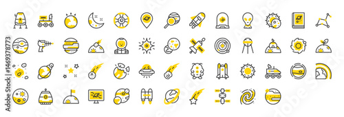 Set of Space vector stroke icons. such as Atmosphere, Comet, Star, Milky Way, Alien, Nebula, Space Gun, Constellation, Space Station, Falling Star, Book, Rocket Launch, Research, Gravity illustration.