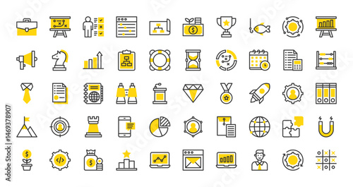 Set of Strategy vector stroke icons. such as Pie Graphic, Mountain, Puzzle, Skills, Planning, Gear, Value, Money Bag, Trophy, Analysis, Investment, Tie, Podium, Worldwide, Fishing Baits illustration.