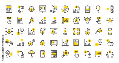 Set of Stock market vector stroke icons. such as Ratio, Protection, Benefit, Gdp, Transaction, Investing, Stock, Hourglass, Risk, Trend, Market Fluctuation, Newspaper , Bid, Find illustration.