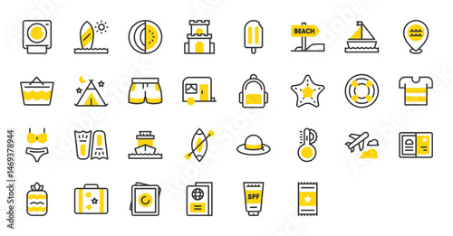 Set of summer holiday vector stroke icons. such as Backpack, Camping Tent, Sun Protection, Ice Pop, Airplane, Canoe, Caravan, Fins, Hat, Lifesaver, Passport, Photo Camera illustration.