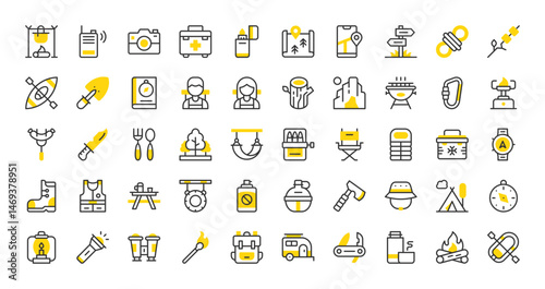Set of Summer Camp vector stroke icons. such as Campfire, Carabiner, Trees, Rucksack, Camera, Walkie Talkie, Inflatable Boat, Thermo Flask, Map, Signpost, Camping, Knife, Guide Book illustration.