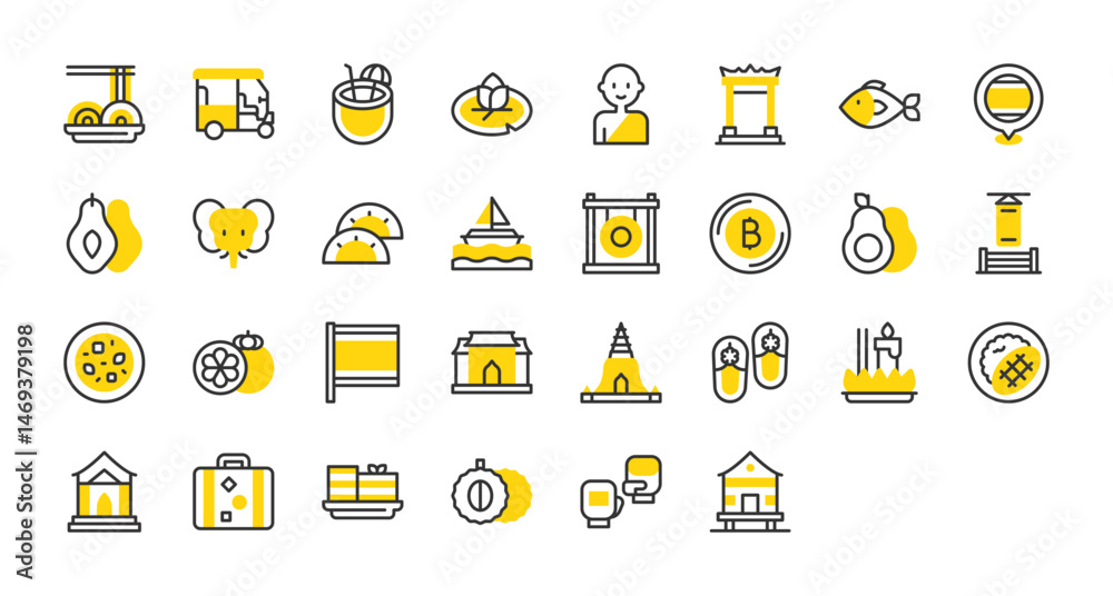 Set of Thailand vector stroke icons. such as Doi Suthep, Temple, Tuk Tuk, Buddhist, Suitcase, Fish, Avocado, Durian, Elephant, Giant Swing, Gong, Green Curry, House, Khanom Chan illustration.