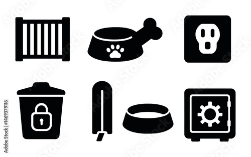 Pet care and security solid icons set – filled, silhouette, safety symbols