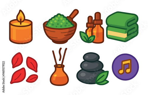 Spa and relaxation icons set – flat, filled, wellness and self-care symbols