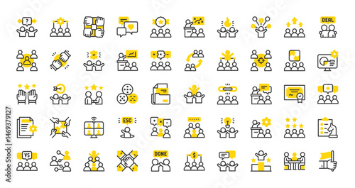 Set of Team building vector stroke icons. such as High Five, Teamwork, Workshop, Leadership, Group Discussion, Team, Strategy, Alternate, Development, Presentation, Link illustration.