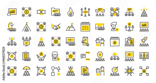 Set of Teamwork vector stroke icons. such as Meeting, Best Employee, Umbrella, Money, Insurance, Partnership Handshake, Hierarchy Structure, Social Network, Videoconference illustration.