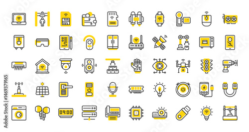 Set of Techology vector stroke icons. such as Hammer Drill, Water Heater, Pen Tablet, Air Conditioner, Smart Energy, Digital Wallet, Solar Panel , Sim Card, Power Bank, Green Energy, Fax illustration.