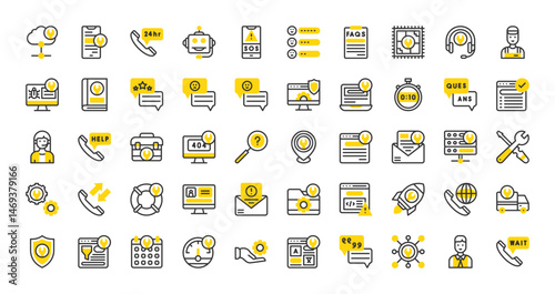 Set of Tech support vector stroke icons. such as Tools, Support, Chat Bot, Server, Virus, Network, Translate, Laptop, Mobile Service, User, Email, Browser, Waiting, Testimonial, Solved illustration.