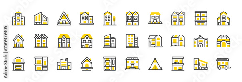Set of Type of house vector stroke icons. such as Cabin, Camping Tent, Apartment, Modern House, Duplex, Apartment, Castle, Igloo, Garage, Mansion, Tree House, Apartment, Mansion illustration.
