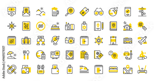 Set of travel vector stroke icons. such as Check List, Beach, Signage, Wifi, Pictures, Mountains, Placeholder, Travel, Cutlery, Helm, Money Exchange, Maps, Cabin, Chat, Search, Tablet illustration. 