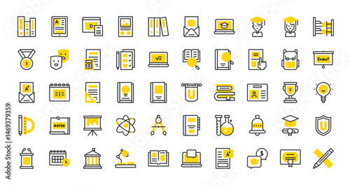 Set of university vector stroke icons. such as Binder, Open Book, Ebook, Trophy,Test, Laptop, Research, Blackboard, Pencil, Calendar, Essay illustration.