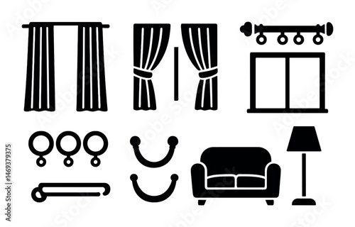 Home decor solid icons set – curtains, furniture, living space symbols