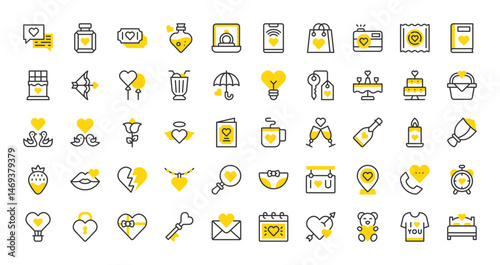 Set of Valentines Day vector stroke icons. such as Broken Heart, Email, Alarm Clock, Perfume, Search, Candle, Shopping Bag, Saint Valentine, Kiss, Heart, Bouquet, Rose, Hotel Key, Light illustration. 