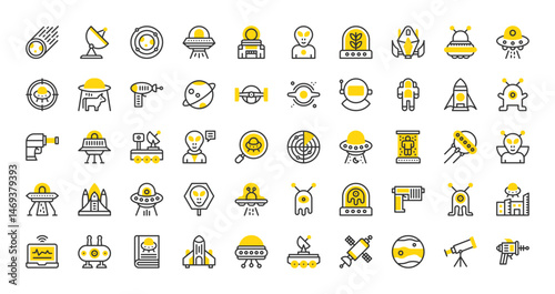 Set of Ufo and aliens vector stroke icons. such as Telescope, Abducting, Galaxy, Meteorite, Mars Rover, Ufo, Ray, Black Hole, Spaceship, Vehicle, Satellite, Mars, Space Gun, Cosmonaut illustration. 