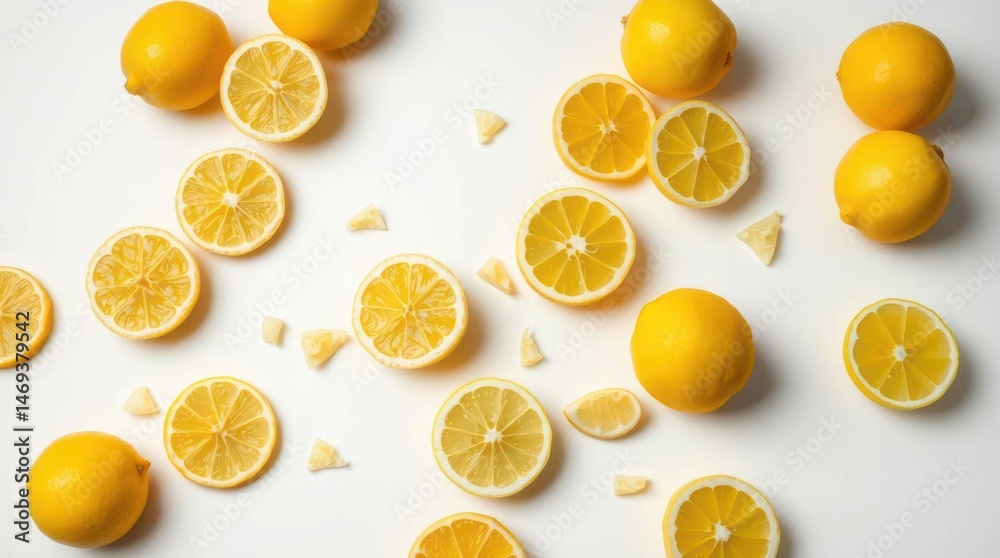 Scattered whole and sliced lemons on white background Scattered whole and sliced lemons on white background