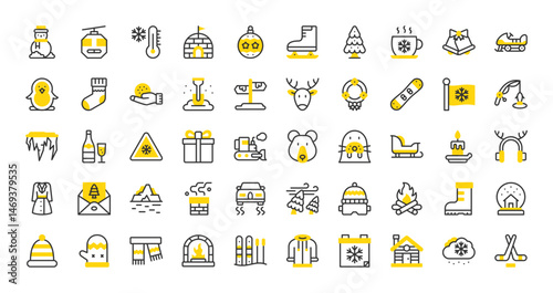 Set of Winter vector stroke icons. such as Slippery Road, Thermometer, Present, Reindeer, Coat, Iceberg, Snow Boots, Snow globe, Winter Hat, Gloves, Scarf, Fireplace, Skii, Calendar  illustration. 