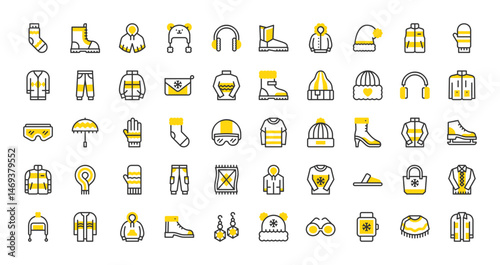 Set of Winter clothes and accessories vector stroke icons. such as Pants, Blanket, Hoodie, Earmuffs, Helmet, Socks, Raincoat, Sweatpants, Jacket, Sweater, Mittens, Raincoat, Slippers illustration. 