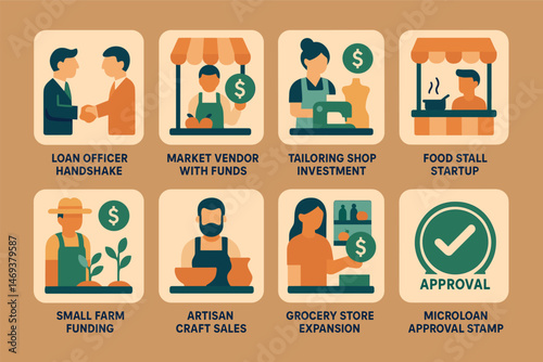 Small business loan linear icons set – line, finance, entrepreneurial spirit symbols