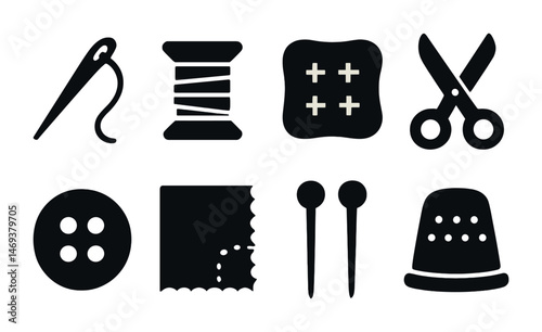 Sewing and craft icons set – solid, filled, tailor and needlework symbols