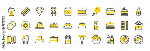 Set of American food vector stroke icons. such as Ranch Dressing, Peanut Butter, Reuben Sandwich, Cheesecake, Steak, Nachos, Cookies, Doughnut, Jelly, Ketchup, Brownies, French Fries illustration. 
