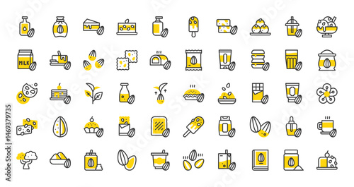 Set of Almonds vector stroke icons. such as Seed Bag, Protein Bar, Roasted, Oil, Nougat, Essence, Flour, Granola, Marzipan, Yogurt, Barfi, Almond Milk, Cake, Grow, Butter, Snack, Flower illustration. 