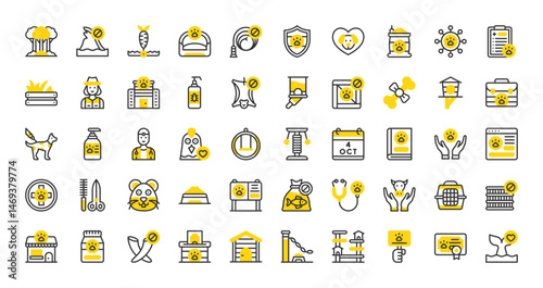 Set of Animal welfare vector stroke icons. such as Love, Animal Check Up, Pet Grooming, Animal Safety, Fodder, Cow, Website, Animal Care, Pet Food, Pet Bed, Anti Bug, Dog Treat, Funding illustration. 
